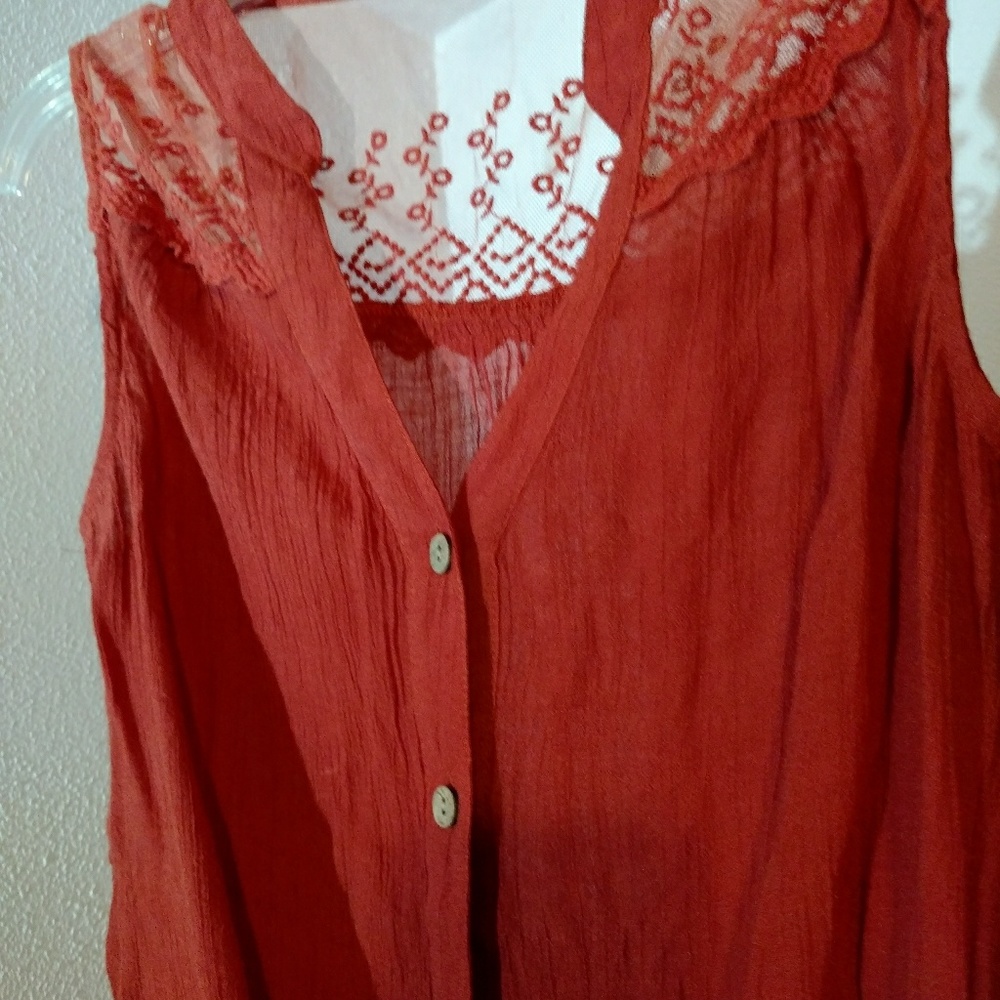 Lace yoke rust tie shirt